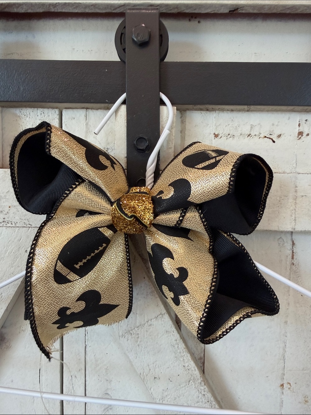 Black and Gold Fleur-de-Lis Ribbon Bow with Glitter Center